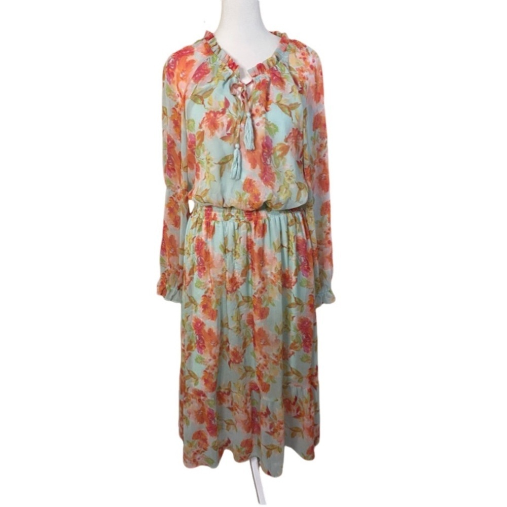 Adyson Parker Floral Print Long Sleeve Women's Lined Dress. Size M. Tassels.